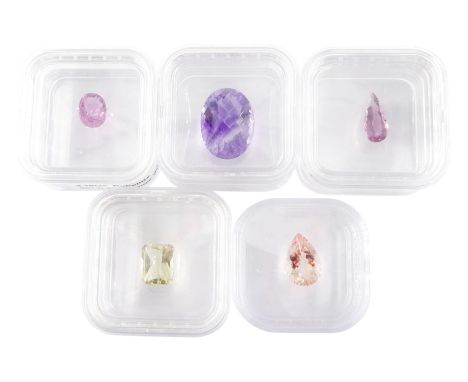 Five loose gemstones including 5.00 carat pear cut morganite, 5.70ct octagonal canary kunzite, 19.75ct oval amethyst, 3.10ct 