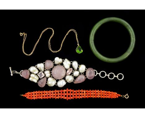 Silver pearl and rose quartz bracelet, 9ct gold green paste stone set pendant necklace, coral bead bracelet, with 9ct rose go