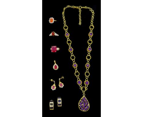 Silver-gilt jewellery including ruby and diamond ring, fire opal and white topaz cluster ring, amethyst necklace, rubellite t