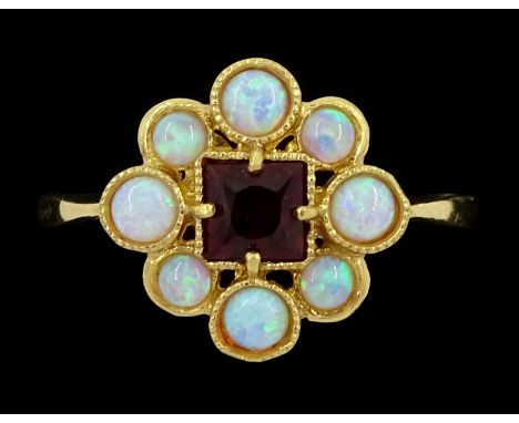 Silver-gilt opal and garnet cluster ring, stamped SilCondition Report:Size O=P, good condition