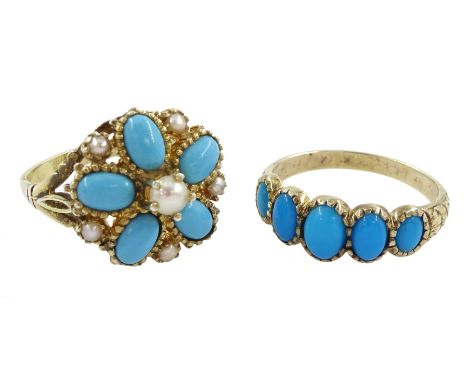 Silver -gilt turquoise and pearl cluster ring and a silver-gilt five stone graduating turquoise ringCondition Report:Sizes Q 