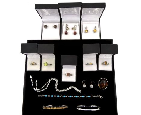 Silver jewellery including diamond bangle, amber pendant / brooch, tiger's eye earrings and ring, turquoise bracelet, smokey 