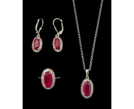 Silver oval cut ruby and baguette cut diamond suite including ring, pair of earrings and pedant necklace, all stamped 925Cond