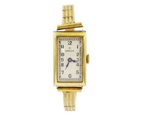 Omega 18ct gold rectangular manual wind wristwatch, Helvetia hallmark, on gold textured link braceletCondition Report:18ct ba