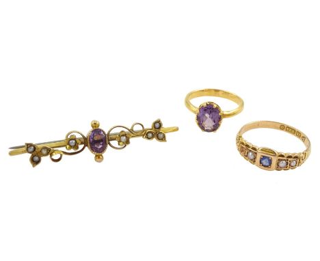 Early 20th century 18ct gold single stone amethyst ring, 15ct gold sapphire and seed pearl ring, Chester 1899 and a 9ct gold 