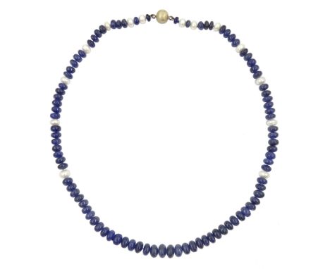 Single strand graduating sapphire and pearl necklace, with a magnetic silver clasp, total sapphire weight approx 143.00 carat