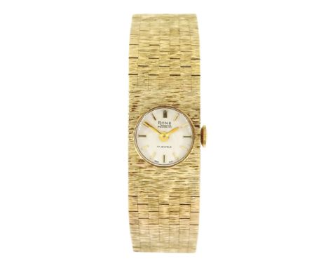Rone 9ct gold ladies manual wind wristwatch, on integrated 9ct gold bracelet, London 1973Condition Report:Approx 33.15gm (exc