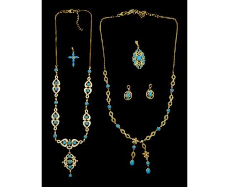 Silver-gilt turquoise jewellery including two necklaces, one with white enamel, two pendants and a pair of earrings with whit