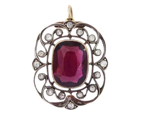 Early 20th century 15ct gold and silver cushion cut garnet and rose cut diamond pendant, garnet approx 5.70 caratCondition Re