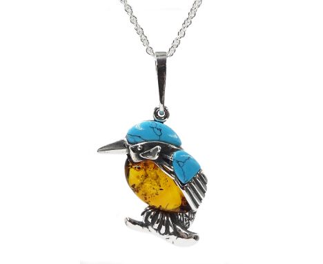 Silver Baltic amber and turquoise kingfisher pendant necklace, stamped 925Condition Report:Pendant length = 33mm, good condit