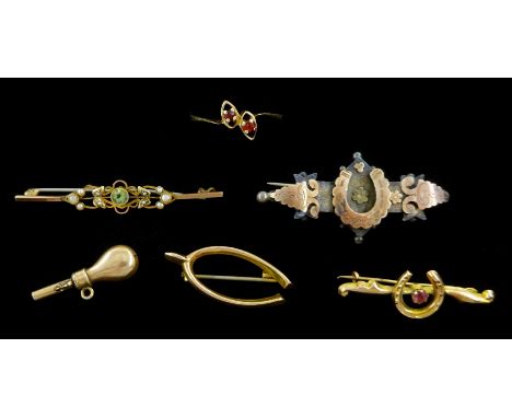 Victorian and later jewellery including two stone garnet ring, three 9ct gold brooches, key winder and a silver broochConditi