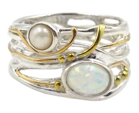 Silver and 14ct gold wire opal and pearl ring, stamped 925 Condition Report:Size M-N, max depth = 15mm, good condition 