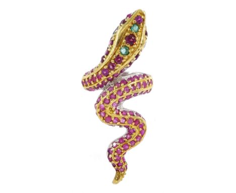 Silver ruby set snake ring, stamped 925Condition Report:Size O-P, max depth = 55mm, good condition