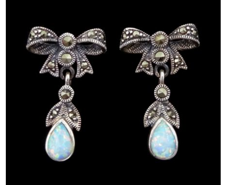 Pair of silver opal and marcasite pendant bow earrings, stamped 925Condition Report:Length = 30mm, good condition