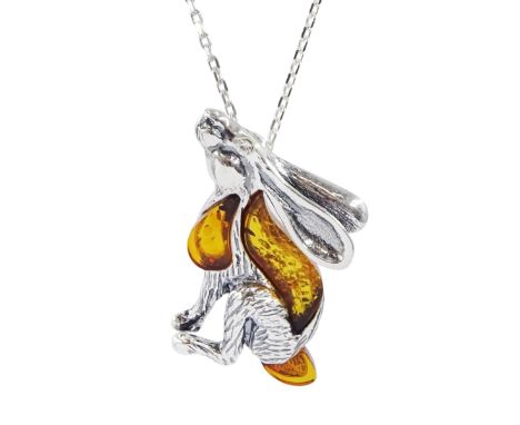 Silver Baltic amber moongazing hare pendant necklace Condition Report:Pendant length = 30mm, good condition