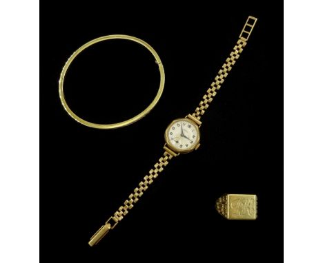 9ct gold bangle, 8ct gold signet ring and a 9ct gold manual wind wristwatch, on 9ct gold braceletCondition Report:9ct bangle 