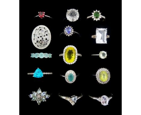 Fifteen silver stone set rings including tanzanite, diamond, topaz, quartz and citrine, all stamped 925Condition Report:All v