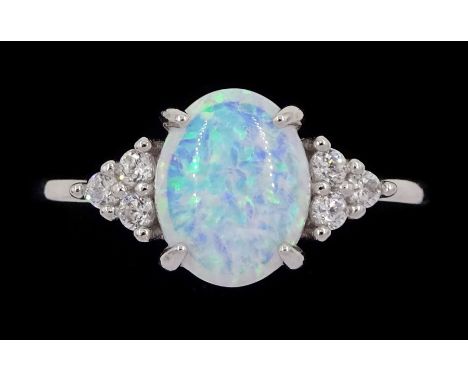 Silver opal and cubic zirconia cluster ring, stamped 925Condition Report:Size O, good condition