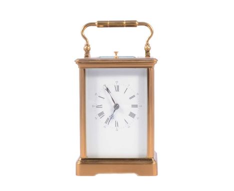 Brass carriage clock, rectangular enamelled dial, repeating movement striking on a gong, 15cm.Condition report:Case in excell