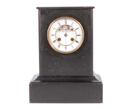 Victorian black marble mantel clock, signed Litherland Davies &amp; Co., Paris, visible escapement, white enamelled chapter r
