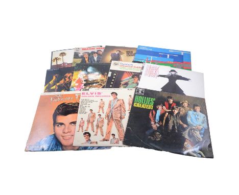 Three boxes of vinyl records and LPs, including Eagles 'Hotel California', Jeff Wayne's War of the Worlds, Jimi Hendrix 'Rain