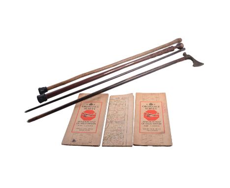 Victorian silver-capped swagger stick, maker rubber, London 1900, embossed crest, 94cm; two walking sticks, a 1933 Scout Worl