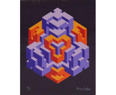 Garry A Jones, Geometric optical composition in purple and orange, signed, screenprint, ltd ed 43/80, 49.5x43cm.