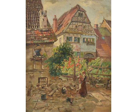 D B Smith, Hunting pack over a wall,oil on board, signed and dated 1985,16x23cm; and T Humphrey, Continental yard scene with 