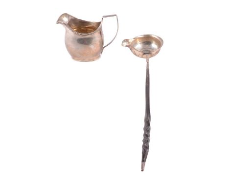 George III silver cream jug, makers mark IM, London 1807, reeded outlines, 9cm high, 3.4toz; and whalebone handled ladle, whi