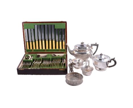 Electroplated three-piece teaset, semi-gadrooned oval form, teapot with composition handle and final, 18cm; another teapot; s
