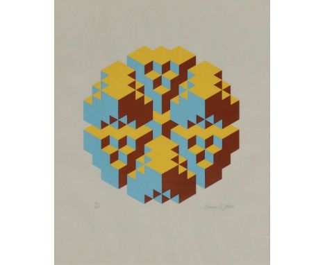 Garry A Jones, Geometric optical composition in teal, yellow and brown, signed and numbered, ltd ed screenprint, 14/45, 63x51