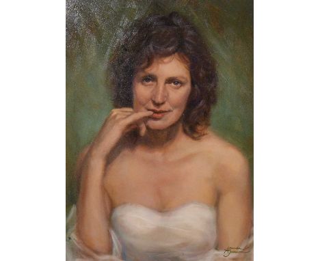 Amanda Jackson (Contemporary),Female portrait,oil on board, signed,39x29cm.