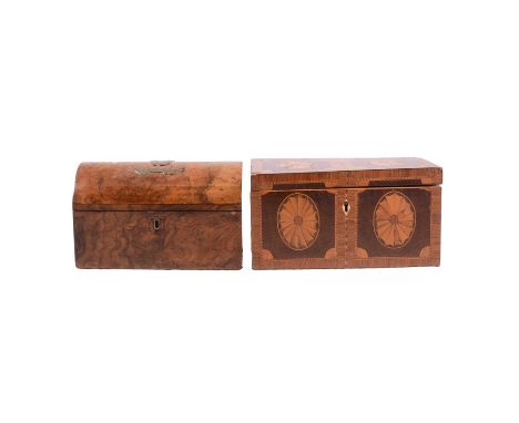 Regency inlaid tea caddy, rectangular with fan decoration, 24cm,  and a Victorian burr walnut tea caddy, domed lid, 21cm.Qty:
