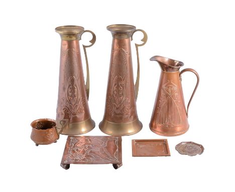 Quantity of Arts and Crafts copper and brass ware including pair of copper and brass ewers by Beldray, weighted, embossed tap