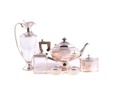 A silver-mounted glass claret jug, J A Campbell, London 1985, pierced thumbpiece, beaded borders, 27.5cm; a pair of silver-ri
