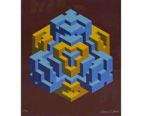 Garry A Jones, Geometric optical composition in blue and yellow, signed and numbered, screenprint, ltd ed 51/70, 49.5x43cm.