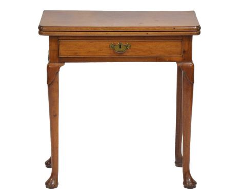 George III mahogany card table, with single frieze drawer, slightly curved supports with carved shoulders, width 69cm, depth 