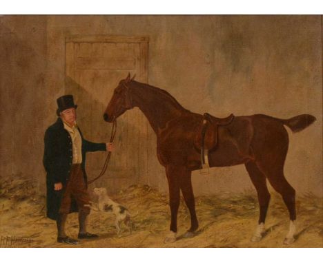 R F Henderson, (19th century),Racehorse and owner in a stable,oil on canvas, signed,45x60cm.