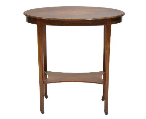 Victorian inlaid mahogany oval table, tapering supports joined by a shelf, width 71cm, depth 43cm, height 73cm.