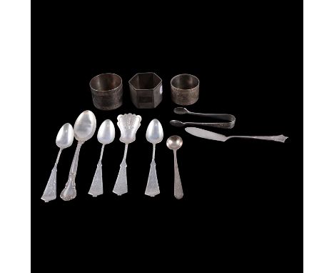 A pair of Georgian silver teaspoons, Thomas Wilkes Barker, London 1811, engraved initial; other Georgian and later silver tea