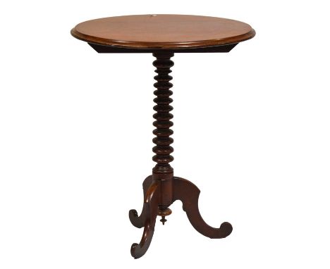 Mahogany pedestal table, oval top raised on a turned graduated bobbin column, scrolled supports, width 60cm depth 49cm height