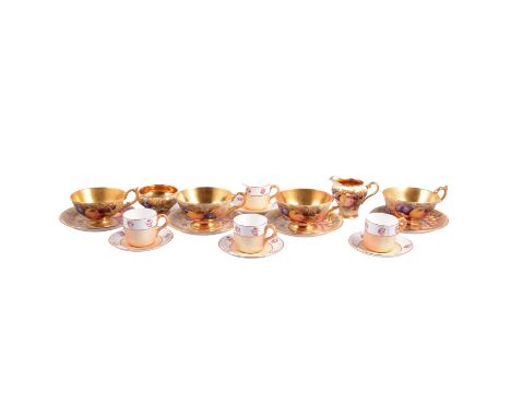 Four Aynsley Orchard Gold teacups and saucers, milk jug, sugar bowl, all signed N Brunt or D Jones; and four early 20th centu