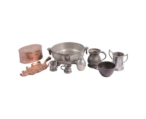 Cast iron barometer case, 74cm, an Arts and Crafts pewter lobed pedestal bowl, an Arts and Crafts style copper leaf dish, and