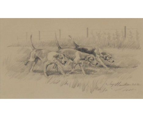 Joy Hawken, Hound sketch,pencil, signed dated 1982,15x25cm;together with three limited edition hunting printsAfter Hawken, We