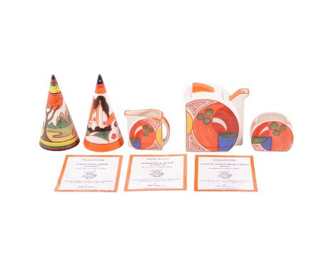 Wedgwood Clarice Cliff 'Sliced Fruit' three-piece teaset, Stamford shape (cover of teapot broken), 12cm and smaller; and two 