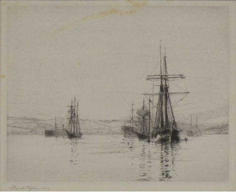 Harold Wyllie, Shipping in an estuary, signed, etching, 15 x 31cm; and another etching by the same hand, 18 x 23cm.Qty: 2
