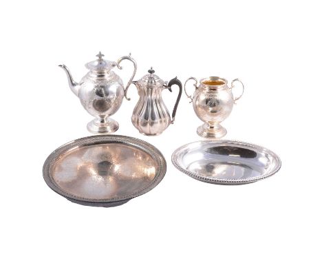 Victorian silver plated four pieces tea service, engraved decoration, entree dishes, hot water jug and a tray.