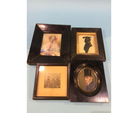 A collection of three portrait miniatures and a silhouette (4)