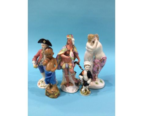 A Continental porcelain figure of two entwined nude females, a porcelain Polynesian figure, two Dresden figures and a Worcest