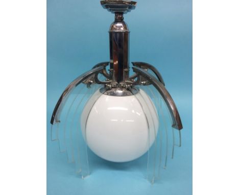A 1930's Art Deco pendant light fitting, with chrome metalwork and four stepped glass panels, with white globe, 32cm diameter